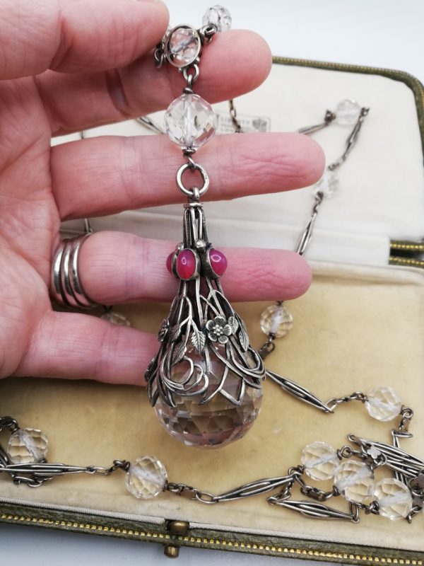 Glorious Sibyl Dunlop c1930 substantial Arts and Crafts sautoir and pendant in silver with rock crystal and pink tourmalines