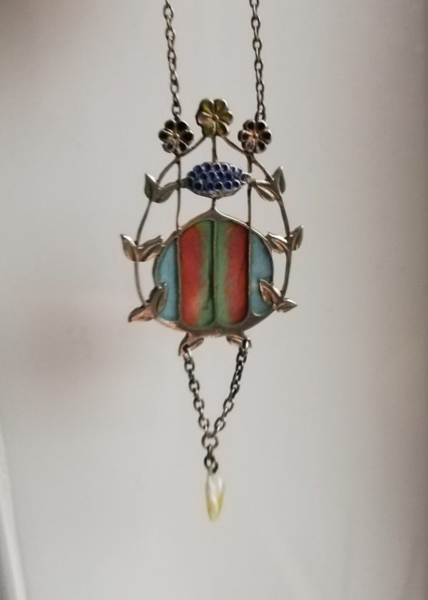 Amazingly rare c1900 English Arts and Crafts enamel and plique-a-jour pendant necklace with pearl drop