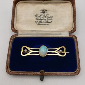 Murrle Bennett signed15ct gold opal and pearls Art Nouveau brooch with anrique box