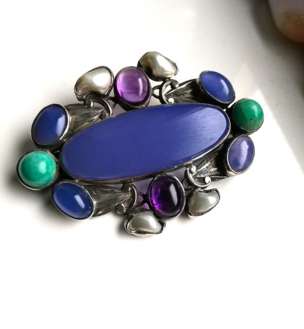 Sibyl Dunlop attr c1930 statement Arts and Crafts brooch in silver with sumptuous gemstones