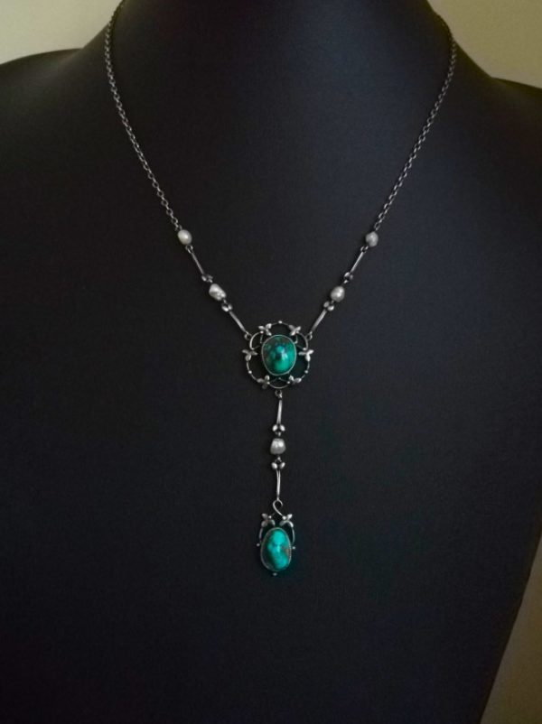 Superb hand-crafted necklace c1900 possibly for Liberty & Co, in silver, pearl and turquoise
