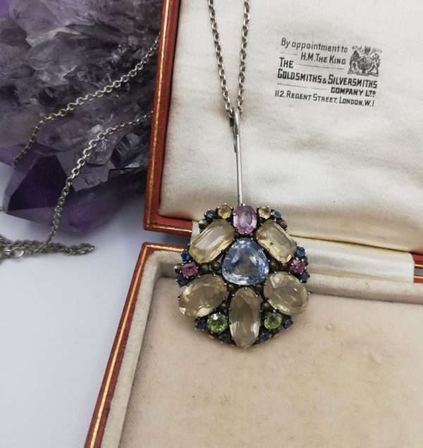 Rare Dorrie Nossiter c1930 Arts and Crafts mixed gems pendant with central sapphire