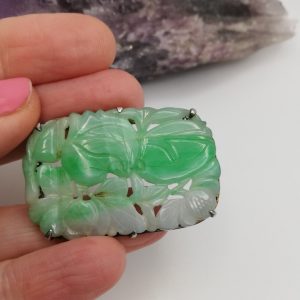 Antique Chinese carved jadeite jade and silver rectangular fruit and foliate brooch