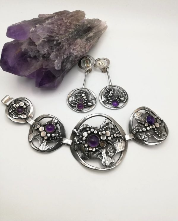Valdres Solvsmie Norway rare Modernist demi-parure in sterling silver with amethysts