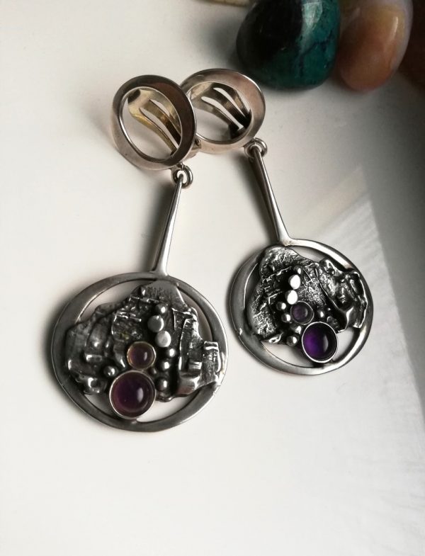 Valdres Solvsmie Norway rare Modernist earrings in sterling silver with amethysts