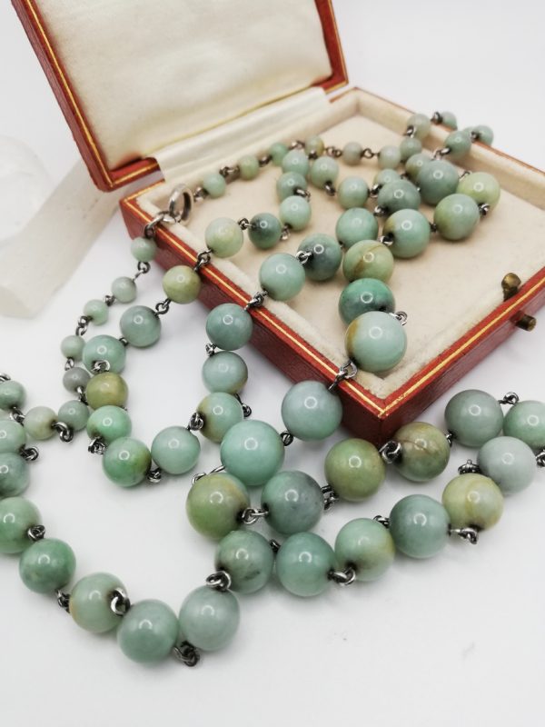 Antique 1920s long 86 Celadon jade beads and hand-wrought silver links necklace