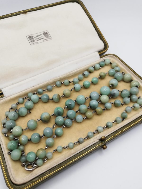 Antique 1920s long 86 Celadon jade beads and hand-wrought silver links necklace