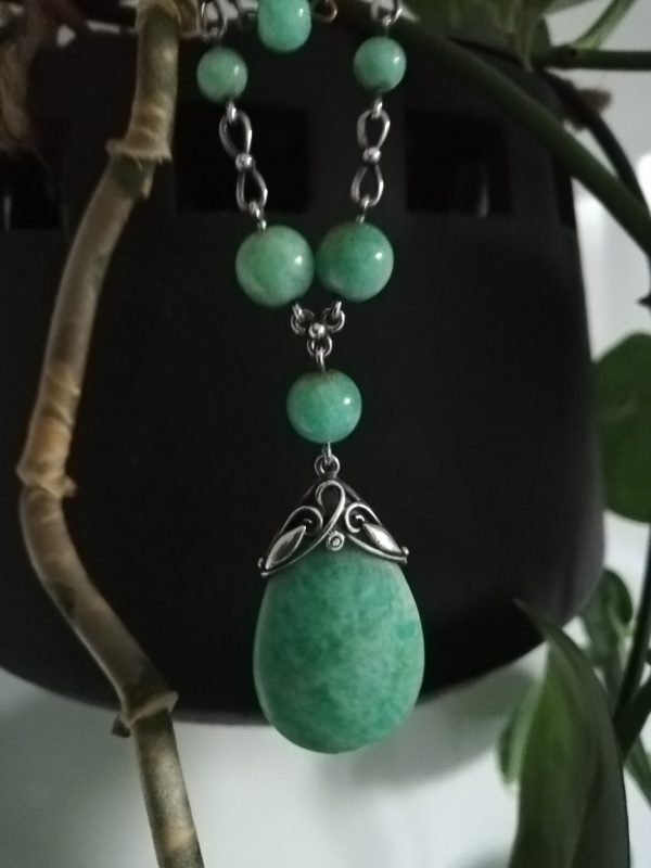 1920s Sibyl Dunlop Arts and Crafts silver foliate amazonite pendant with original silver sautoir chain