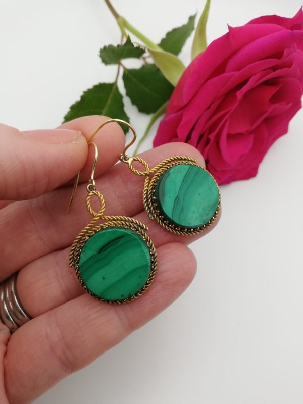 Antique Victorian 18ct twisted gold and malachite drop earrings on gold wires