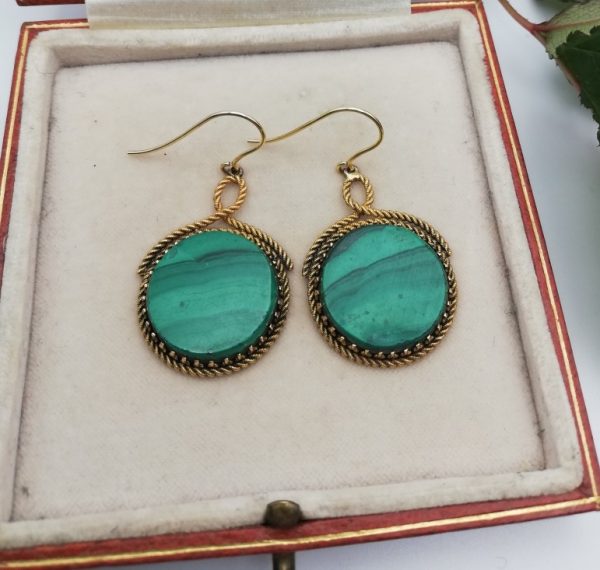 Antique Victorian 18ct twisted gold and malachite drop earrings on gold wires