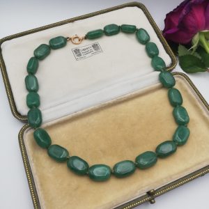 Antique Art Deco Jadeite Jade Bead Necklace 22 1/2, Sterling Clasp c.1920