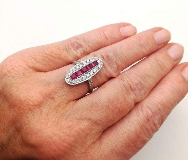 Art Deco gorgeous navette shaped ring with 5 rubies and 24 diamonds in 18ct white gold