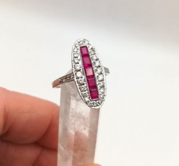 Art Deco gorgeous navette shaped ring with 5 rubies and 24 diamonds in 18ct white gold