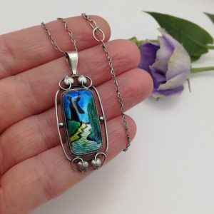 Antique c1900 Liberty and Co silver enamel Arts and Crafts pendant with original Liberty chain