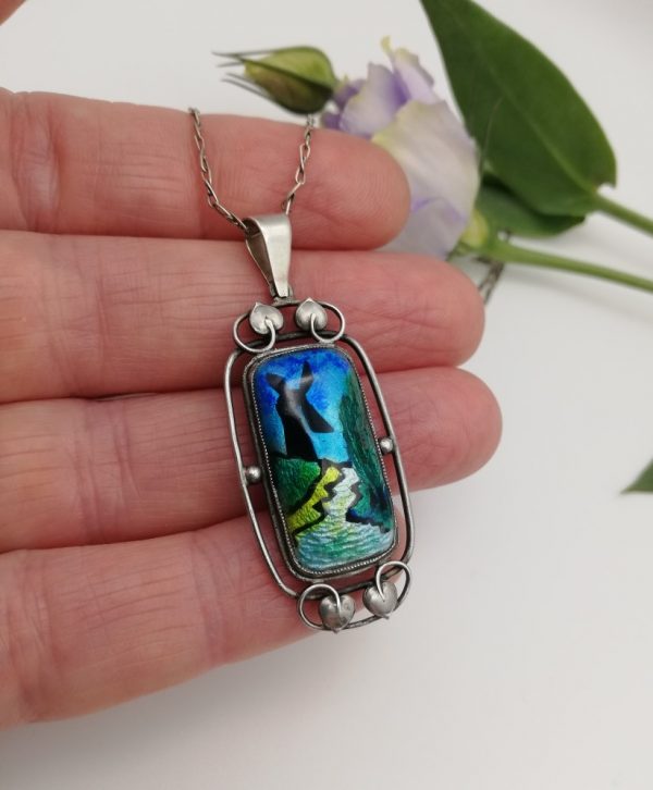 Antique c1900 Liberty and Co silver enamel Arts and Crafts pendant with original Liberty chain
