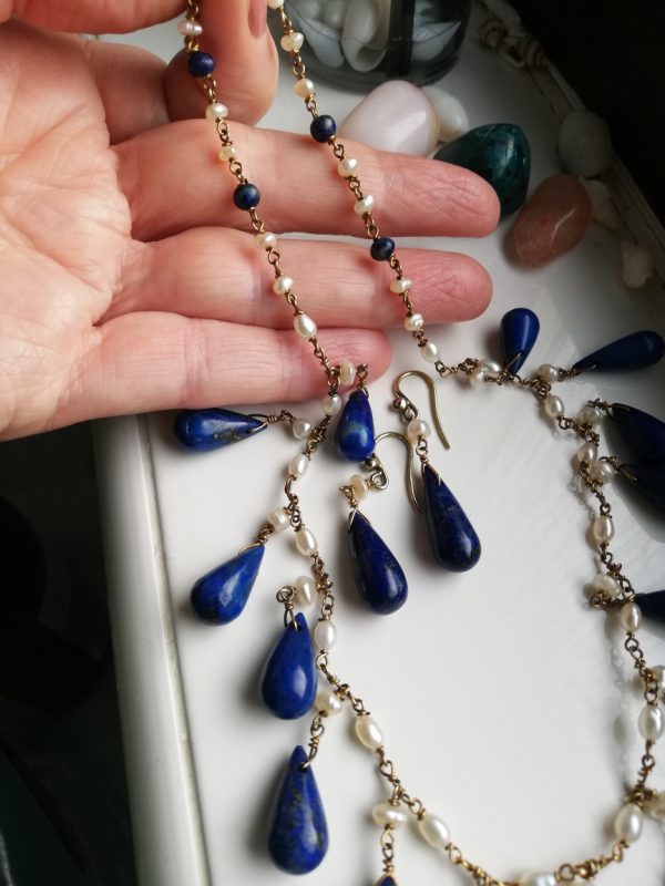 Glorious antique silver gilt lapis lazuli and pearl fringe necklace and earrings set