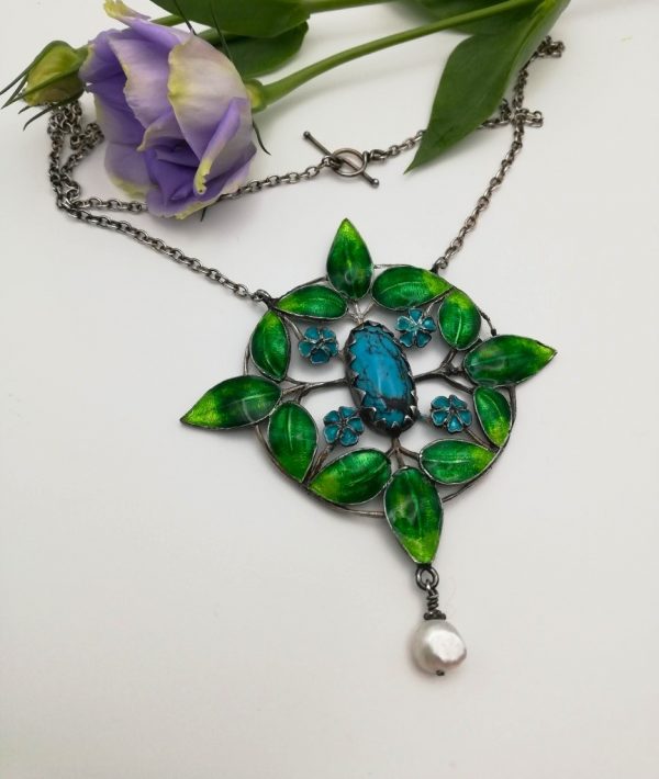 Statement c1900 Arts and Crafts enamel silver foliate pendant necklace-hand crafted and fabulous!
