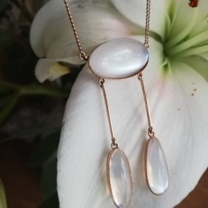 Antique Edwardian 9ct rose gold and white moonstones double drop negligee necklace -beautiful!