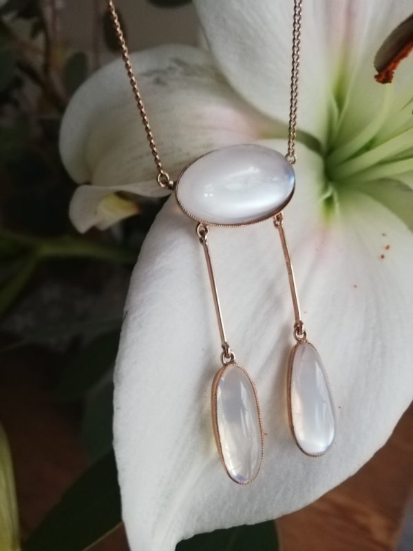 Antique Edwardian 9ct rose gold and white moonstones double drop negligee necklace -beautiful!