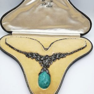 Exceptional and important Art Deco late 1920s silver marcasite and faceted amazonite necklace