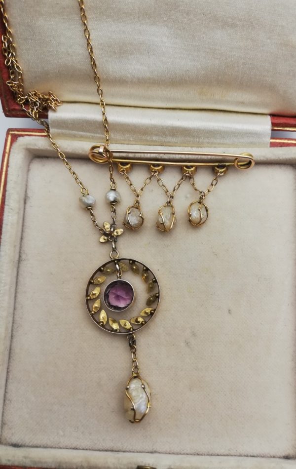 Rare Edwardian demi-parure in gold, with amethyst, seed pearls and caged baroque pearls