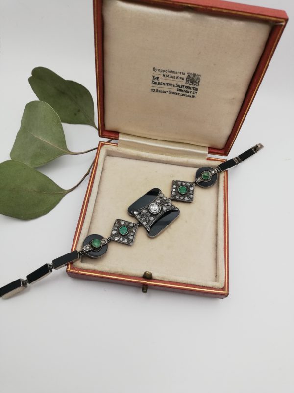 Glorious antique Art Deco diamonds bracelet with emeralds and black onyx set in silver