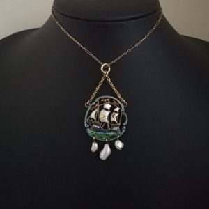 Rare early Arts and Crafts enamel galleon pendant with baroque pearls and gold chains