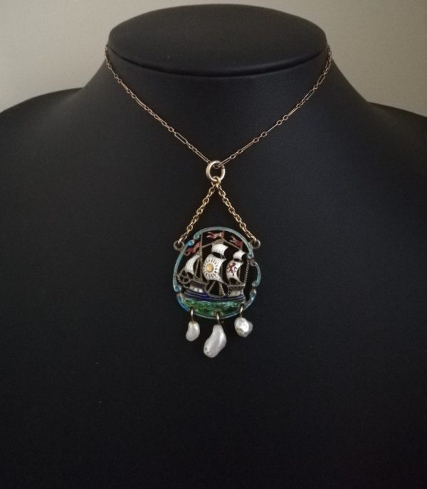 Rare early Arts and Crafts enamel galleon pendant with baroque pearls and gold chains