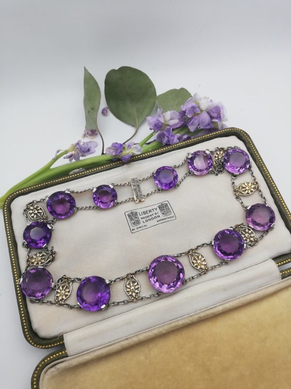 Antique French statement amethyst double chain riviere necklace with gold, platinum and diamonds clasp