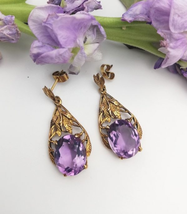 Rare 18ct gold and amethyst Bernard Instone Arts and Crafts foliate drop earrings