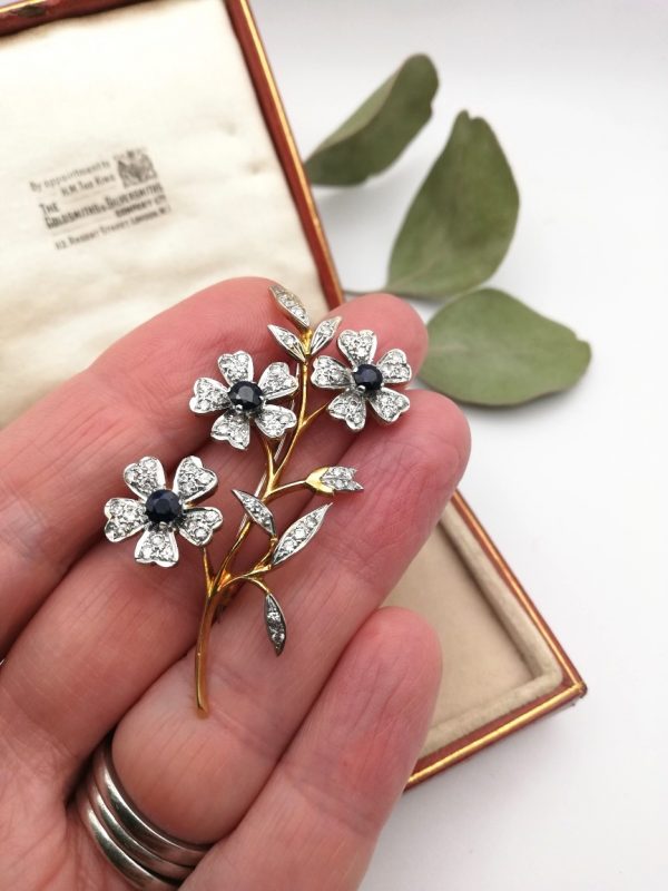 Beautifully executed vintage18ct gold diamonds, sapphires flowering branch brooch