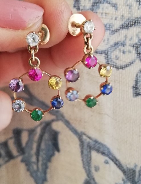 Antique and joyfully vibrant 18ct gold mixed gemstones drop earrings in hoop design