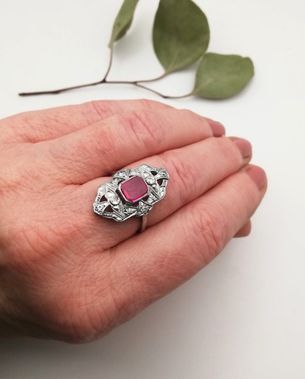 Superlative 1920s antique Art Deco platinum, diamonds and real lab grown ruby ring