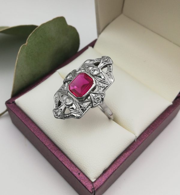 Superlative 1920s antique Art Deco platinum, diamonds and real lab grown ruby ring