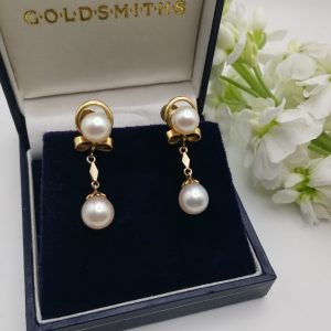 Antique 14ct gold and pearls bow drop earrings with original screw backs