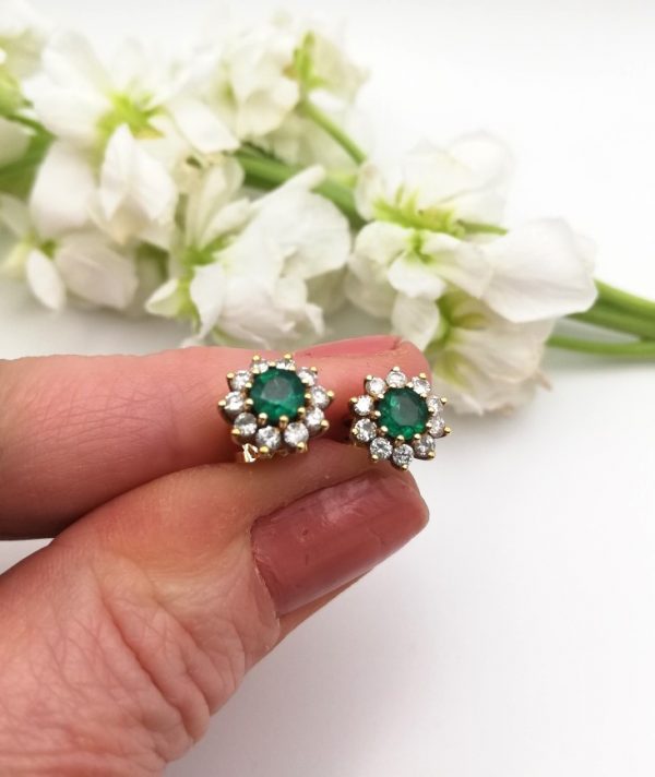 Vintage 18ct gold diamond and natural emerald flower cluster earrings, London hallmarks