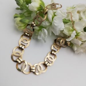 Antique English Edwardian era rare hand-wrought 9ct gold bracelet with circles and double links