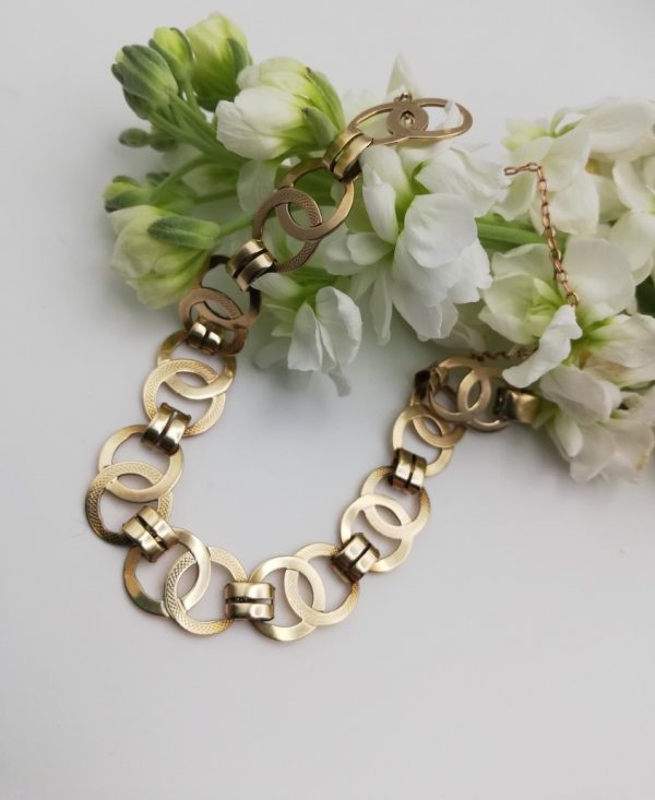 Antique English Edwardian era rare hand-wrought 9ct gold bracelet with circles and double links