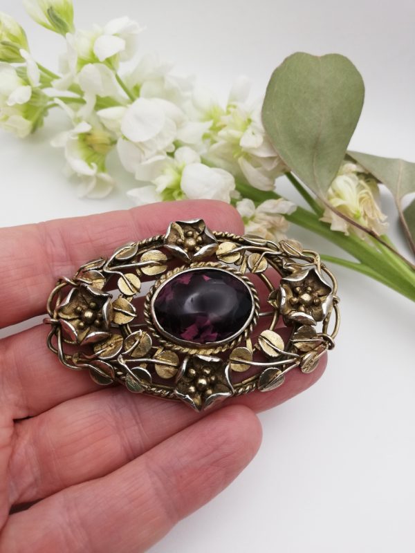 c1900 Arts and Crafts statement silver gilt and amethyst paste foliate brooch