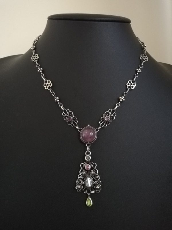 Reserved for B only Gaskins ornate Arts and Crafts silver chain with amethyst, without pendant
