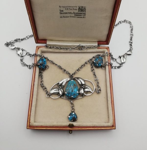 c1900 Arts and Crafts hand-crafted matrix turquoise and silver foliate festoon necklace