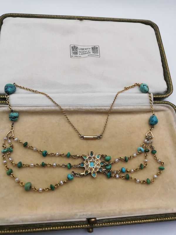 Vintage / antique 18ct gold turquoise and pearl festoon necklace with flower cluster centre