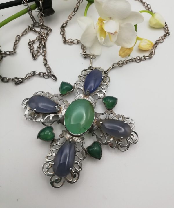 Amy Sandheim c1930 Arts and Crafts wonderful chalcedonies pendant/ brooch with original detachable chains