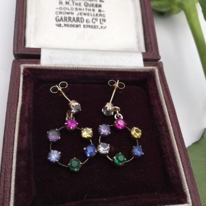 Antique and joyfully vibrant 18ct gold mixed gemstones drop earrings in hoop design
