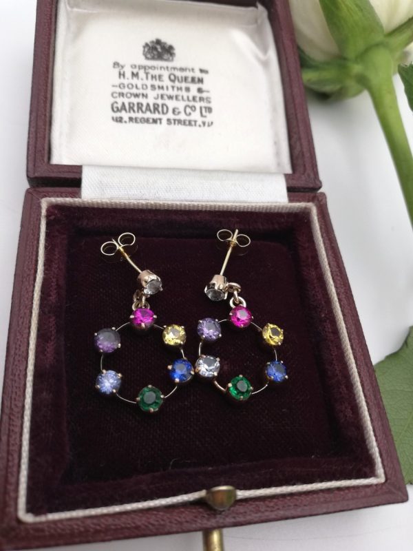 Antique and joyfully vibrant 18ct gold mixed gemstones drop earrings in hoop design