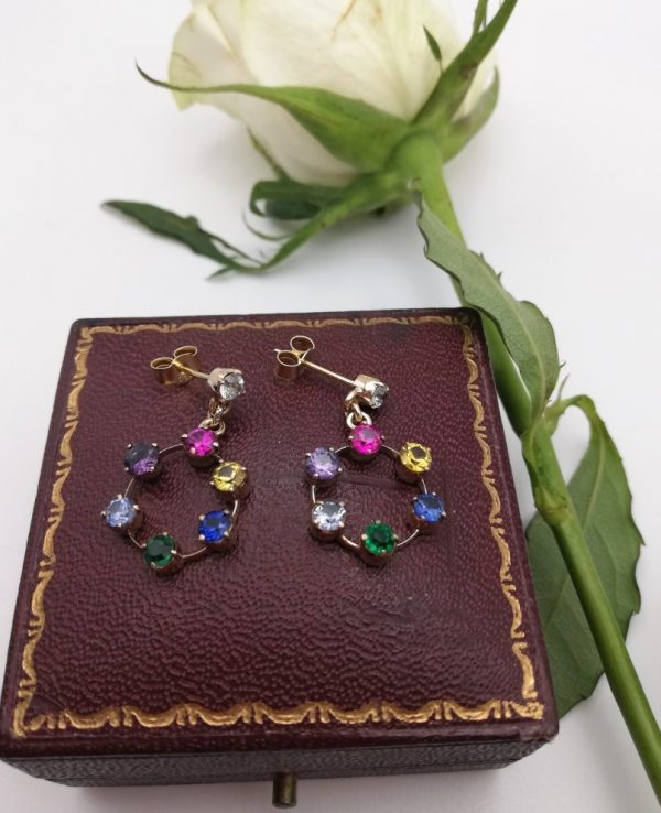Antique and joyfully vibrant 18ct gold mixed gemstones drop earrings in hoop design