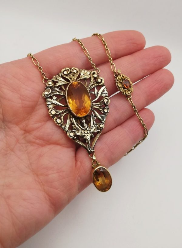c1900 Magnificent Arts and Crafts gold, silver and citrine foliate pendant necklace with bird motif