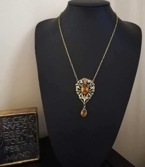 c1900 Magnificent Arts and Crafts gold, silver and citrine foliate pendant necklace with bird motif