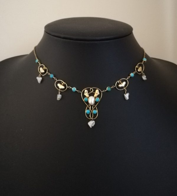 Liberty & Co attr antique Art Nouveau hearts necklace in 15ct gold with turquoise and pearl