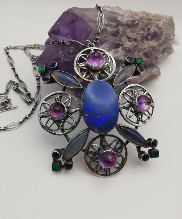 Fabulous Sibyl Dunlop Arts and Crafts statement pendant necklace with black opal and other gems